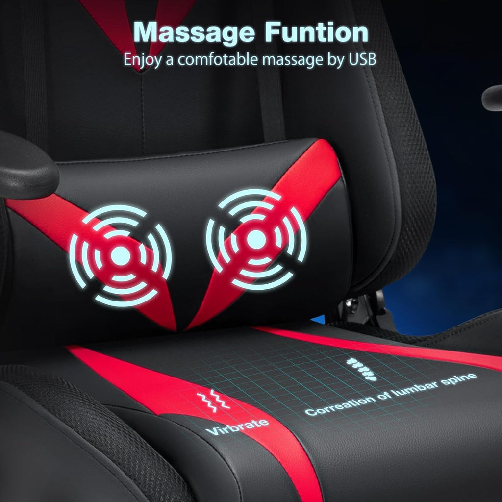 HOFFREE Gaming Chair with Bluetooth Speakers and Led Lights Massage Video Game Chair with Footrest Reclining High Back Computer Gamer Chair Red and Black