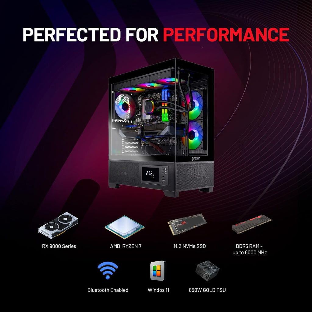 Skytech Gaming Azure 3 Plus Gaming PC, AMD Ryzen 7 7700X 4.5GHz, AMD RX 9070 16GB VRAM, 2TB Gen4 NVMe SSD, 32GB DDR5 RAM 6000, 850W Gold ATX 3 PSU, 360 ARGB AIO, WI-FI 5, Windows 11, Desktop