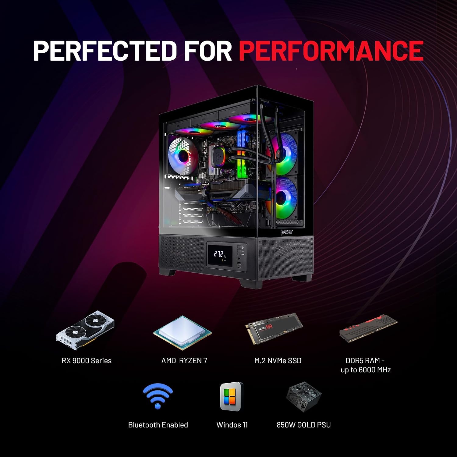 Skytech Gaming Azure 3 Plus Gaming PC, AMD Ryzen 7 7700X 4.5GHz, AMD RX 9070 16GB VRAM, 2TB Gen4 NVMe SSD, 32GB DDR5 RAM 6000, 850W Gold ATX 3 PSU, 360 ARGB AIO, WI-FI 5, Windows 11, Desktop