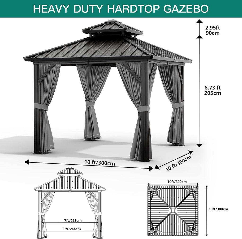 GarveeHome Outdoor Gazebos Canopy 10 x 10 ft Permanent with High Strength Aluminum Frame, Iron Double-Roof, Pavilion with Curtain and Netting for Patio, Lawn, Deck, Garden