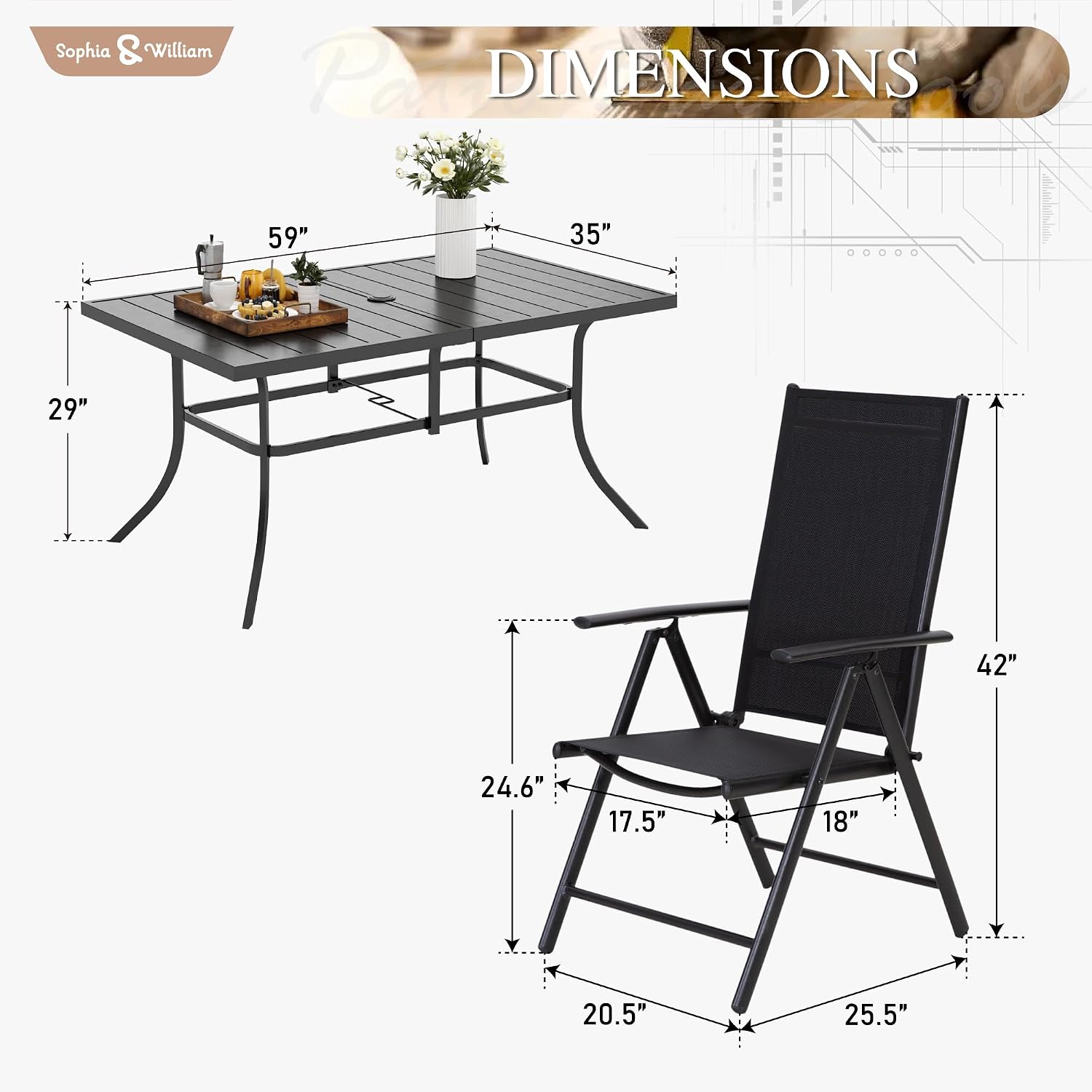 Sophia & William 7 Pieces Patio Dining Set, Outdoor Dining Set with 6 Foldable High Back Textilene Patio Chairs, Black, 1.57'-1.9' Adjustable Umbrella Hole