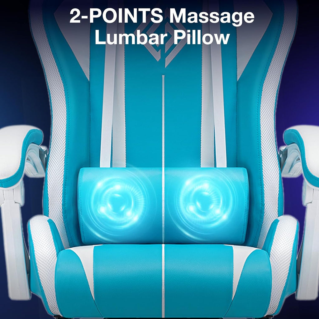 RGB Gaming Chair with LED Lights Massage Ergonomic Computer Gaming Chair High Back Video Game Chair with Footrest and Adjustable Lumbar Support Linkage Armrest Gamer Chairs for Adults Blue and White