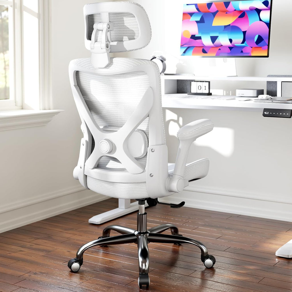 Ergalithic Office Home Ergonomic Desk Chair-Computer X-Shaped Chair Mesh PU Leather with Adjustable Lumbar Support-Executive Chair High Back with Headrest Flip-Up Arms for Long Hours (White)