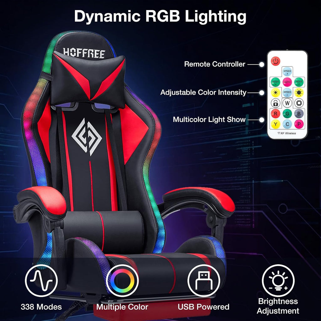 HOFFREE RGB Gaming Chair with Speakers Massage Computer Gaming Chair with LED Lights and Footrest High Back Video Game Chair for Adults Red and Black