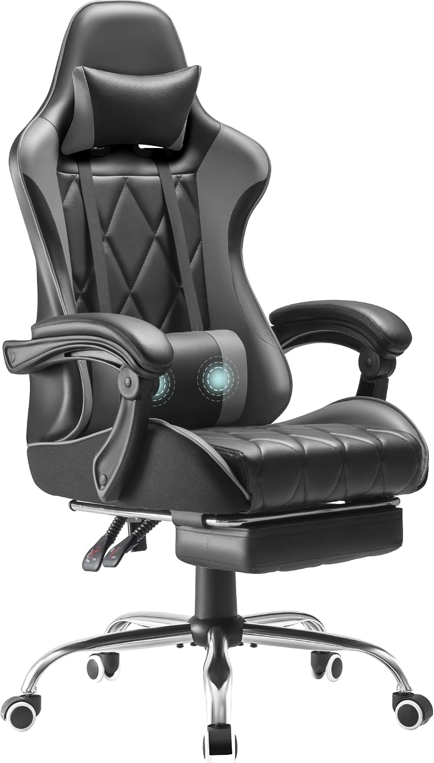 Homall Gaming Chair, Computer Chair with Footrest and Massage Lumbar Support, Ergonomic High Back Video Game Chair with Swivel Seat and Headrest (Grey)
