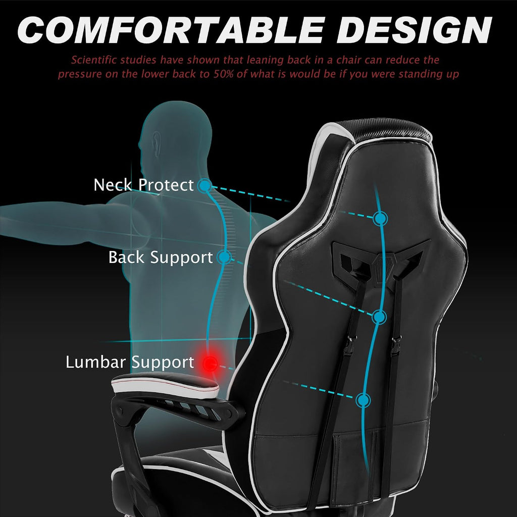 Vonesse Gaming Chair with Footrest,Reclining Computer Gaming Chair for Adults,Big and Tall Gamer Chair with Massage,Ergonomic High Back (White/Black)