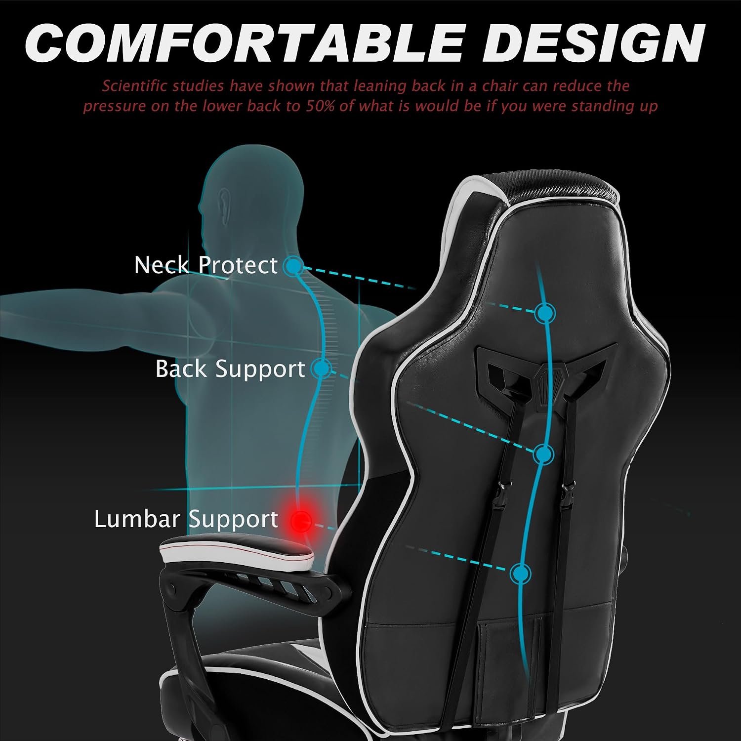 Vonesse Gaming Chair with Footrest,Reclining Computer Gaming Chair for Adults,Big and Tall Gamer Chair with Massage,Ergonomic High Back (White/Black)