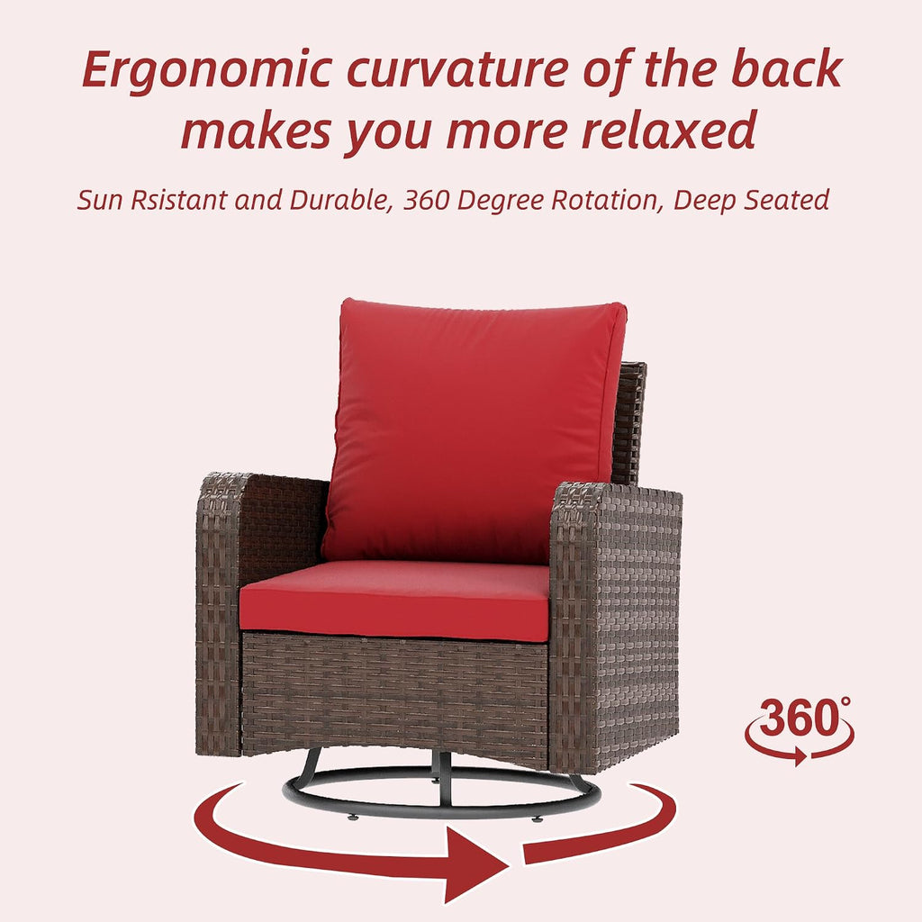 HOMREST 5 Piece Outdoor Patio Furniture Set-Wicker Swivel Chairs Set of 2 w/ 2 Ottoman, Coffee Table & Cushions Small Patio Furniture Set for Garden, Balcony (Wine Red)