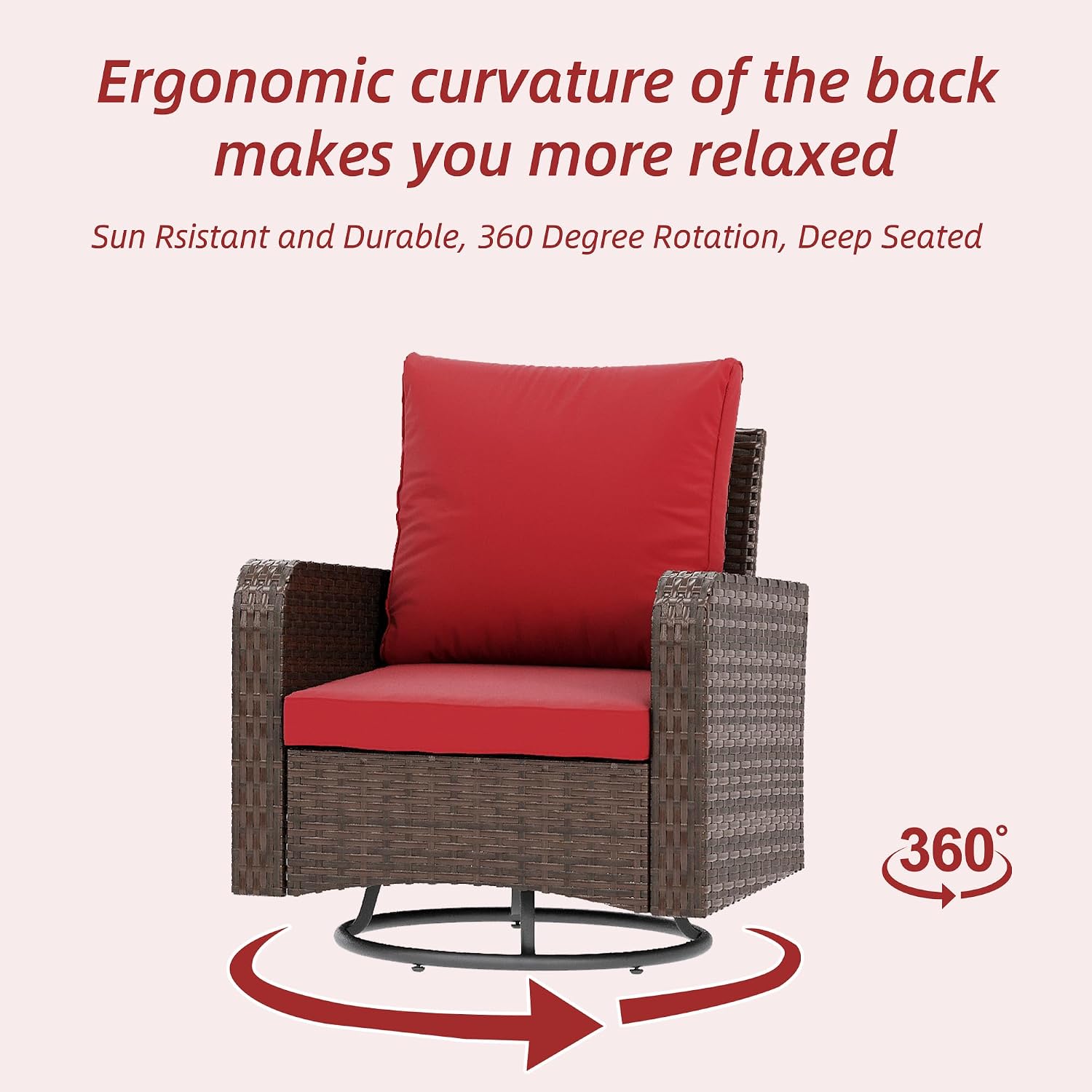 HOMREST 5 Piece Outdoor Patio Furniture Set-Wicker Swivel Chairs Set of 2 w/ 2 Ottoman, Coffee Table & Cushions Small Patio Furniture Set for Garden, Balcony (Wine Red)