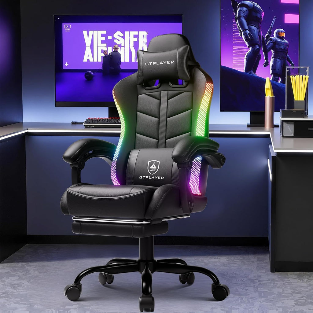 GTPLAYER RGB Gaming Chair with Footrest, Computer Gaming Chair with LED Lights for Adults, Height Adjustable PC Gamer Chair with 90-155° Recline & Removable Headrest Lumbar Support, RGB Black