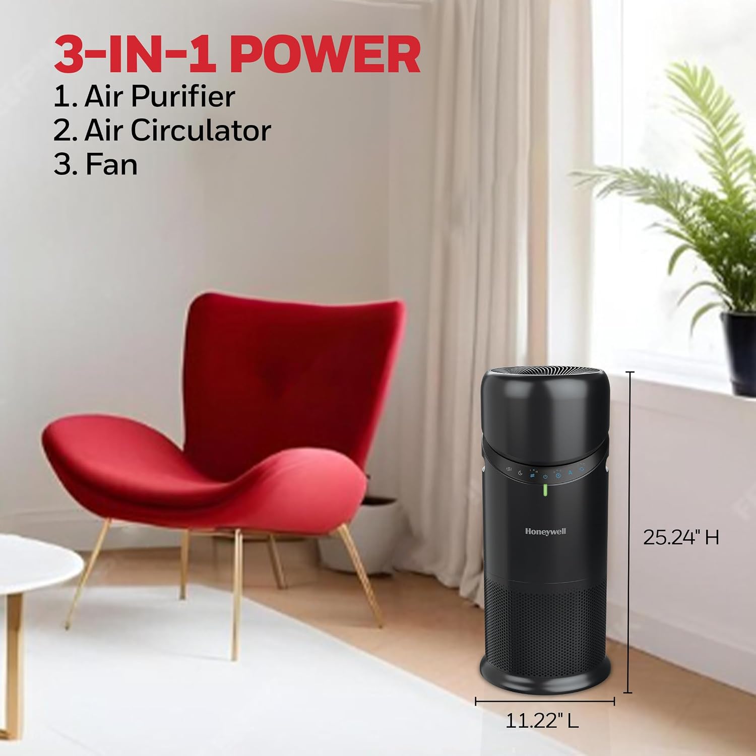 Honeywell Allergen Plus™ 3-in-1 HEPA Air Purifier, Fan & Air Circulator, 1928 Ft² Rooms in 1 hour, Air Quality Sensor, Sleep Mode, Reduces Allergens, Pet Dander, and Odors, Black, HPA6000B