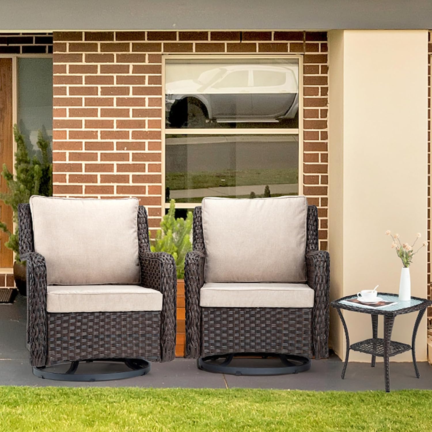 GarveeHome 3-Piece Outdoor Wicker Rattan Swivel Rocking Chair Set with Armored Glass Side Table & Premium Cushions - 360° Swivel Patio Furniture for Backyard, Porch, Deck, Balcony, Garden, Brown