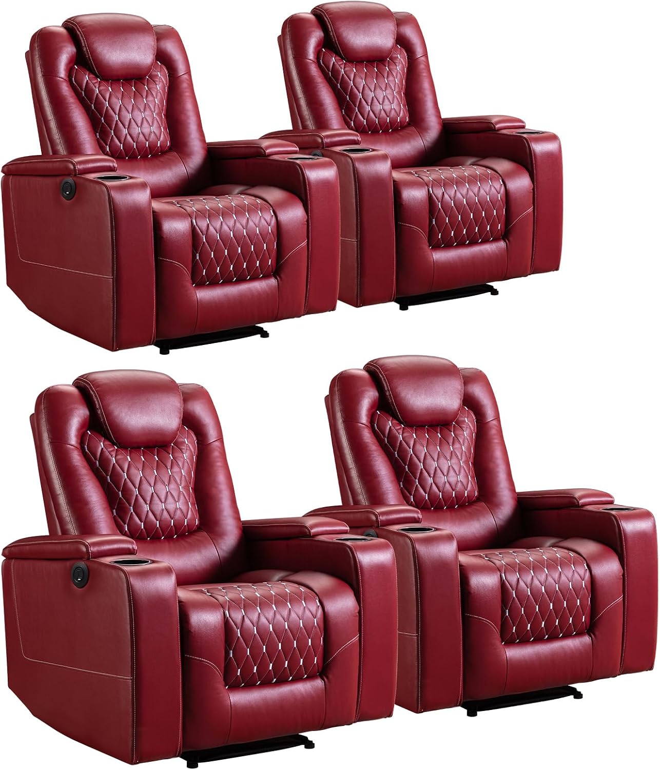 ANJ Power Recliner Chair Set of 4, Electric Soft Faux Leather Reclining Home Theater Seating - USB Ports, Cup Holders, Hidden Arm Storage Movie & Media Room Chairs (Red)