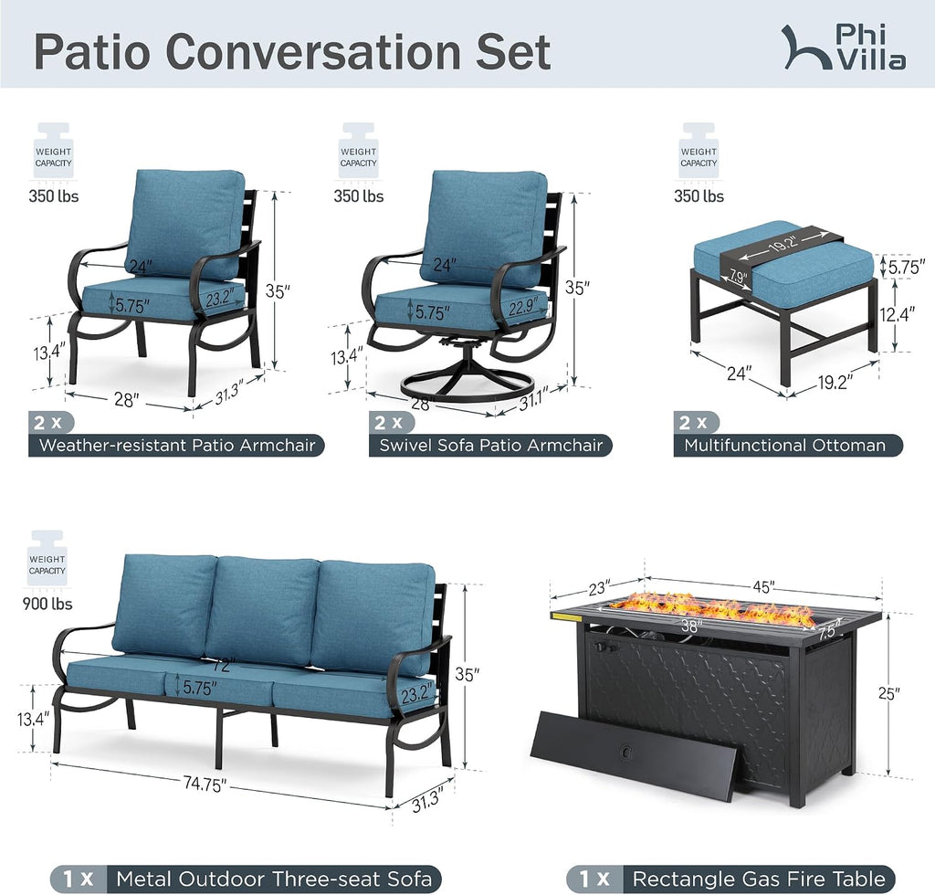 PHI VILLA Outdoor Patio Furniture Set, Swivel Sofa Chairs & 3 Deep Seat Sofa Bench, Gas Firepit Table, Upgraded Fabric Suitable for Outdoor Use, 8 PCS Navy Blue