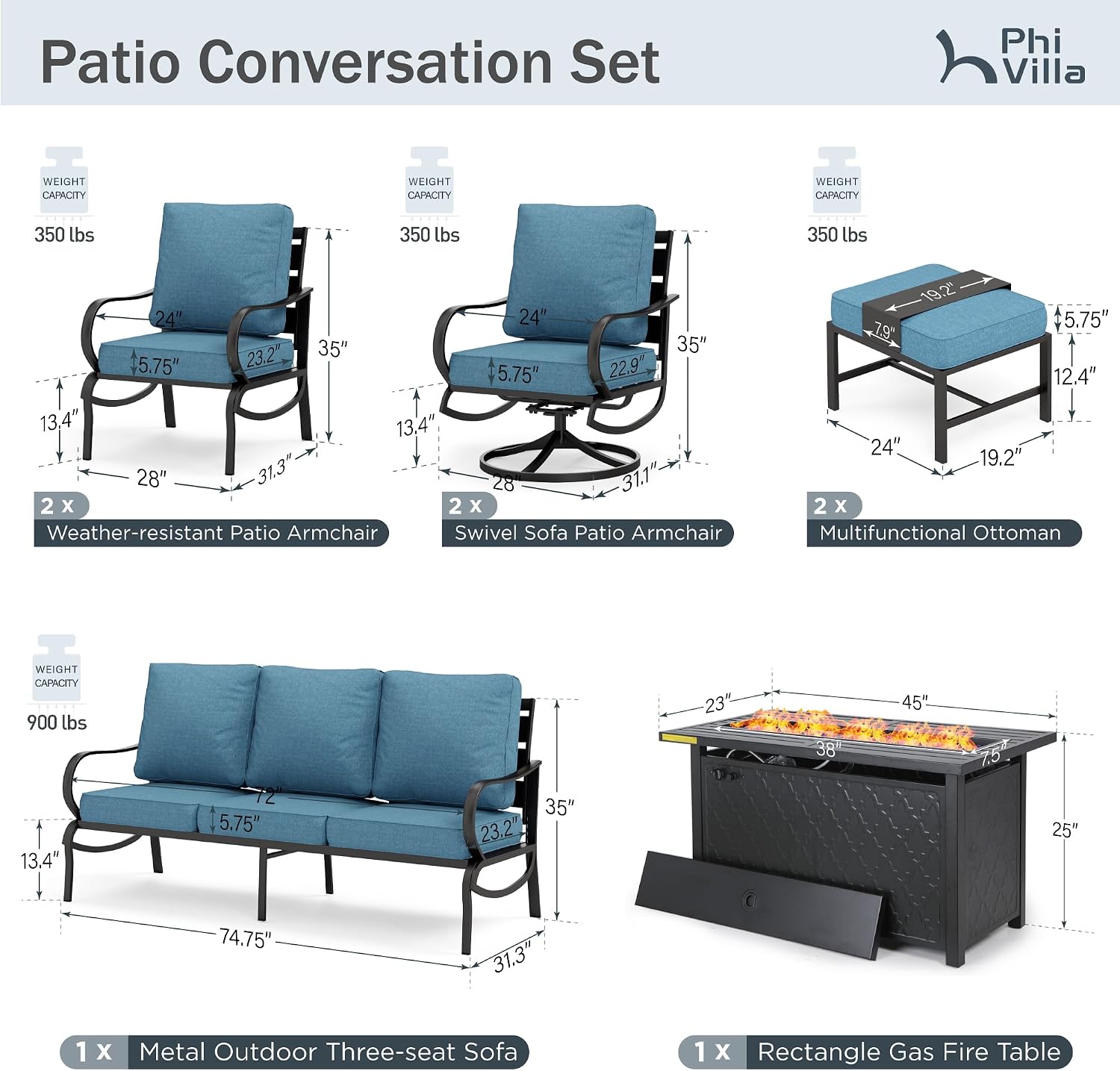 PHI VILLA Outdoor Patio Furniture Set, Swivel Sofa Chairs & 3 Deep Seat Sofa Bench, Gas Firepit Table, Upgraded Fabric Suitable for Outdoor Use, 8 PCS Navy Blue