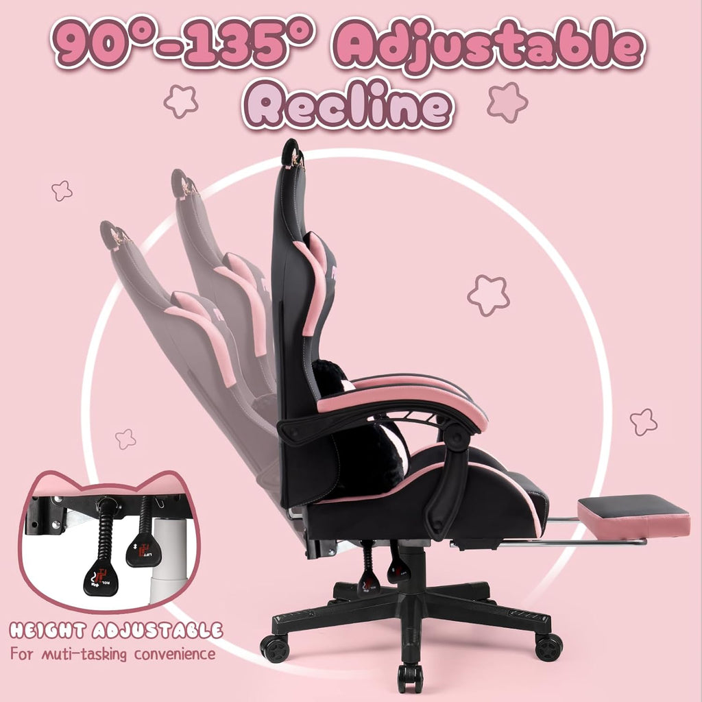 PUKAMI Gaming Chair with Cat Ears,Cute Computer Chair for Girl with Footrest,Ergonomic Gamer Chair, Kawaii Gaming Chair, Game Chair (Light Black)