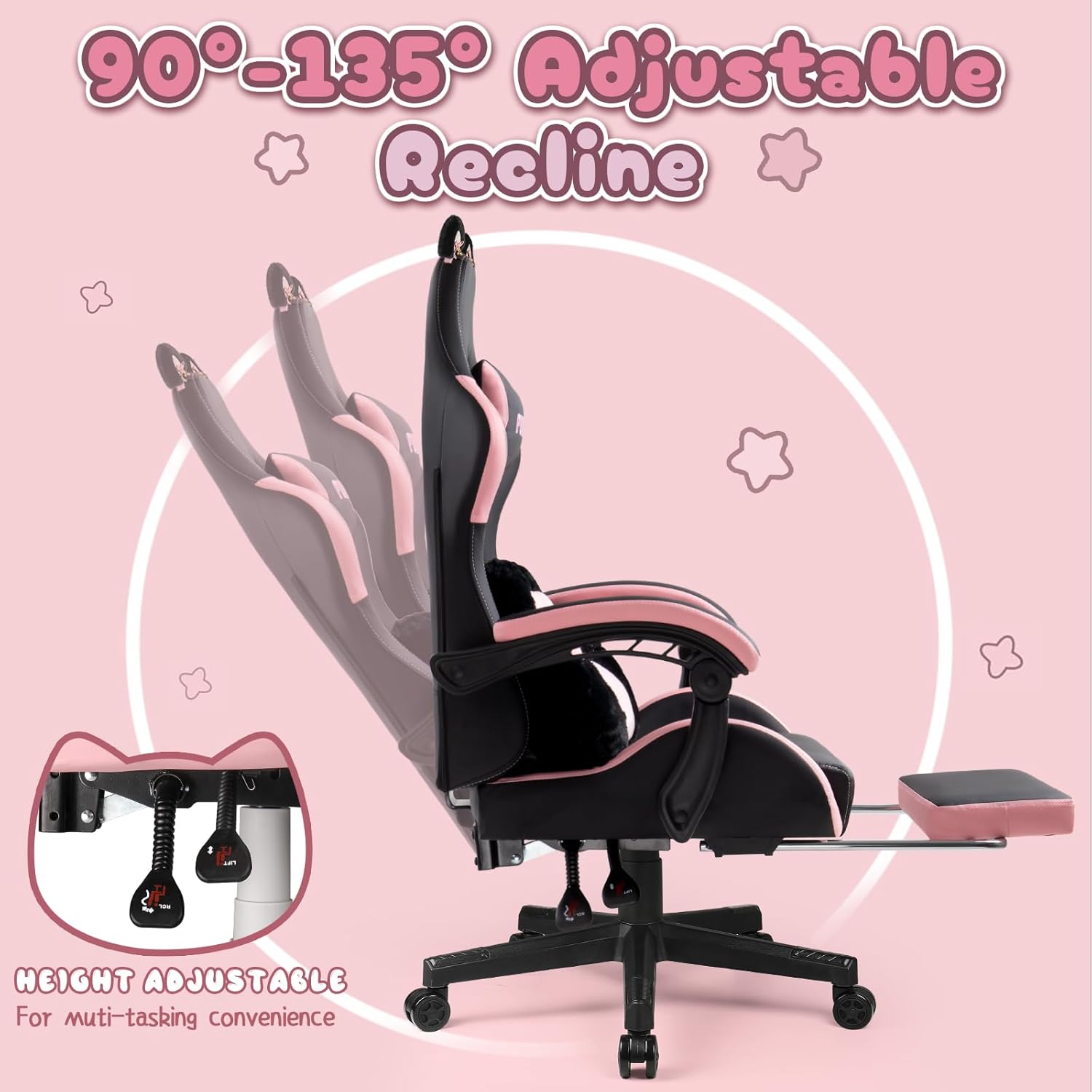 PUKAMI Gaming Chair with Cat Ears,Cute Computer Chair for Girl with Footrest,Ergonomic Gamer Chair, Kawaii Gaming Chair, Game Chair (Light Black)