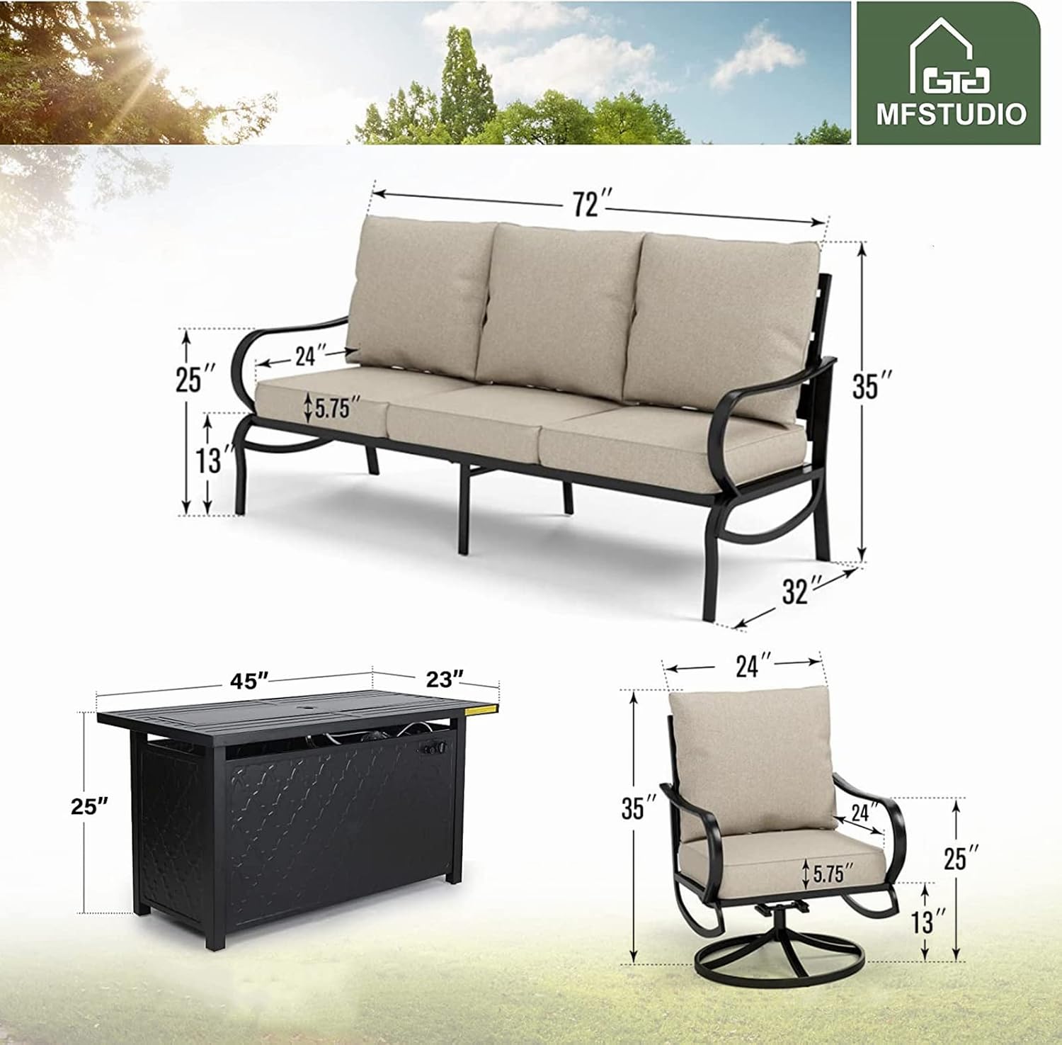 MFSTUDIO 4 Pieces Patio Conversation Sets, All Weather Metal Frame Outdoor Furniture Set Patio Sofas with 1 x 45 Rectangular Propane Fire Pit Table, 1 x 3-Seat Sofa, 2 x Swivel Chairs, Beige Cushion