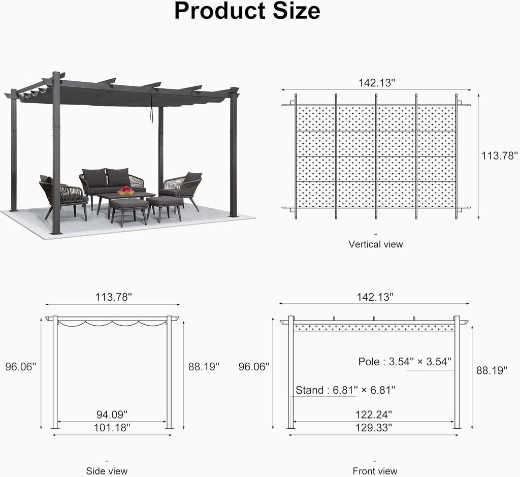 PURPLE LEAF 10' X 12' Outdoor Retractable Pergola with Sun Shade Canopy Patio Metal Shelter for Porch Garden Beach Pavilion Grill Gazebo Modern Yard Grape Trellis Pergola, Gray