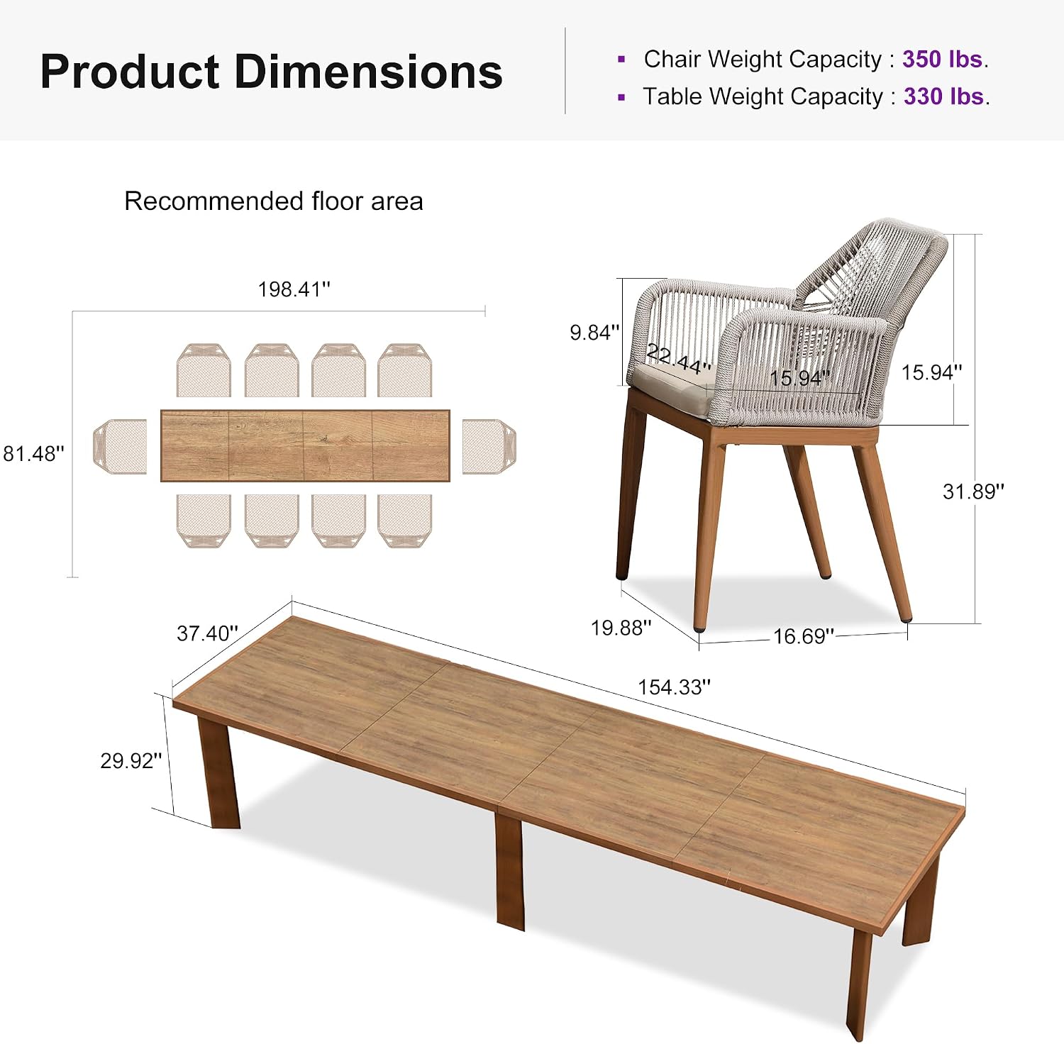 PURPLE LEAF 11 Pieces Patio Dining Set Aluminum Modern Oversize Rectangular Table and Rattan Arm Chairs with Cushions for Kitchen Porch Garden Outdoor Furniture Sets