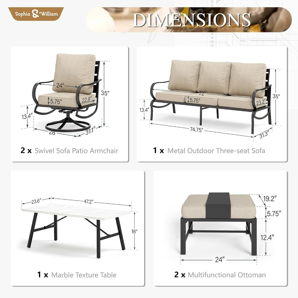 Sophia & William Patio Furniture Sets 7 Seats Outdoor Conversation Set 6 Pcs,2 x Cushioned Swivel Sofa Chairs,1 x 3-Seat Sofa,2 Ottomans, Marbling Metal Coffee Table Patio Backyard Poolside Beige