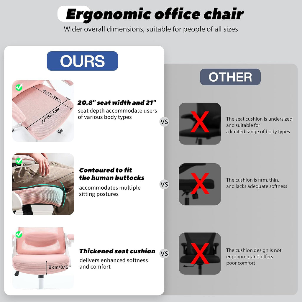 Fizzin Ergonomic Office Chair, 400 LBS Desk Chair with Adjustable Lumbar Support, High Back Breathable Mesh Computer Chair Rolling Work Swivel Task Chairs, Comfy Home Office Desk Chair (Pink)