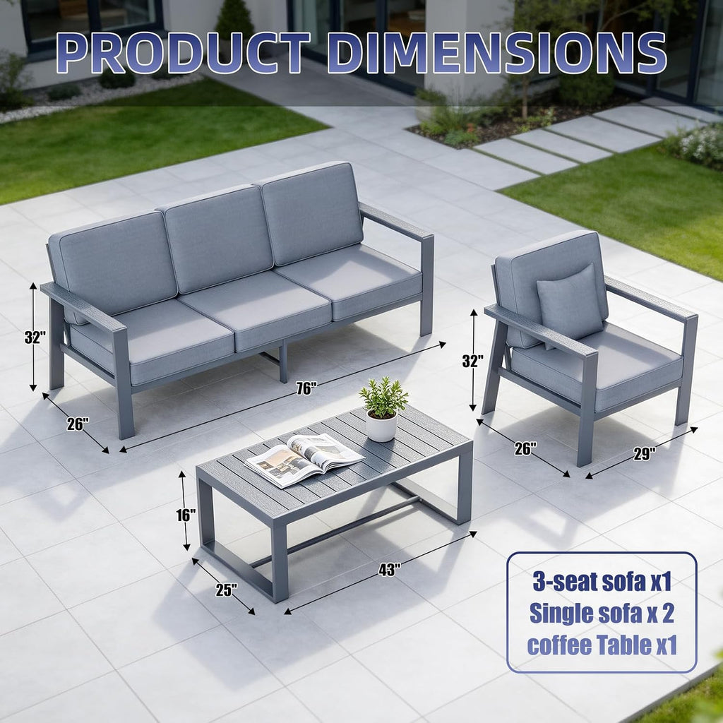 Premium Aluminum Patio Furniture Set 4 Piece,Outdoor Conversation Set with Wide Armrest,5' Thick Cushions, Olefin Fabric,Rustproof Metal Frame,Deep Seating Patio Sofa Set for Backyard,Deck,villa,Gray