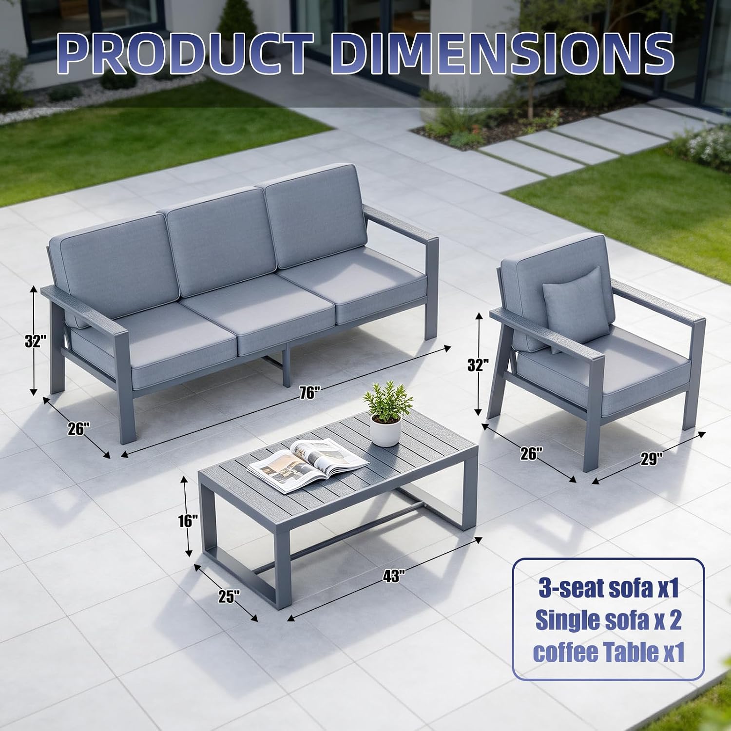 Premium Aluminum Patio Furniture Set 4 Piece,Outdoor Conversation Set with Wide Armrest,5' Thick Cushions, Olefin Fabric,Rustproof Metal Frame,Deep Seating Patio Sofa Set for Backyard,Deck,villa,Gray