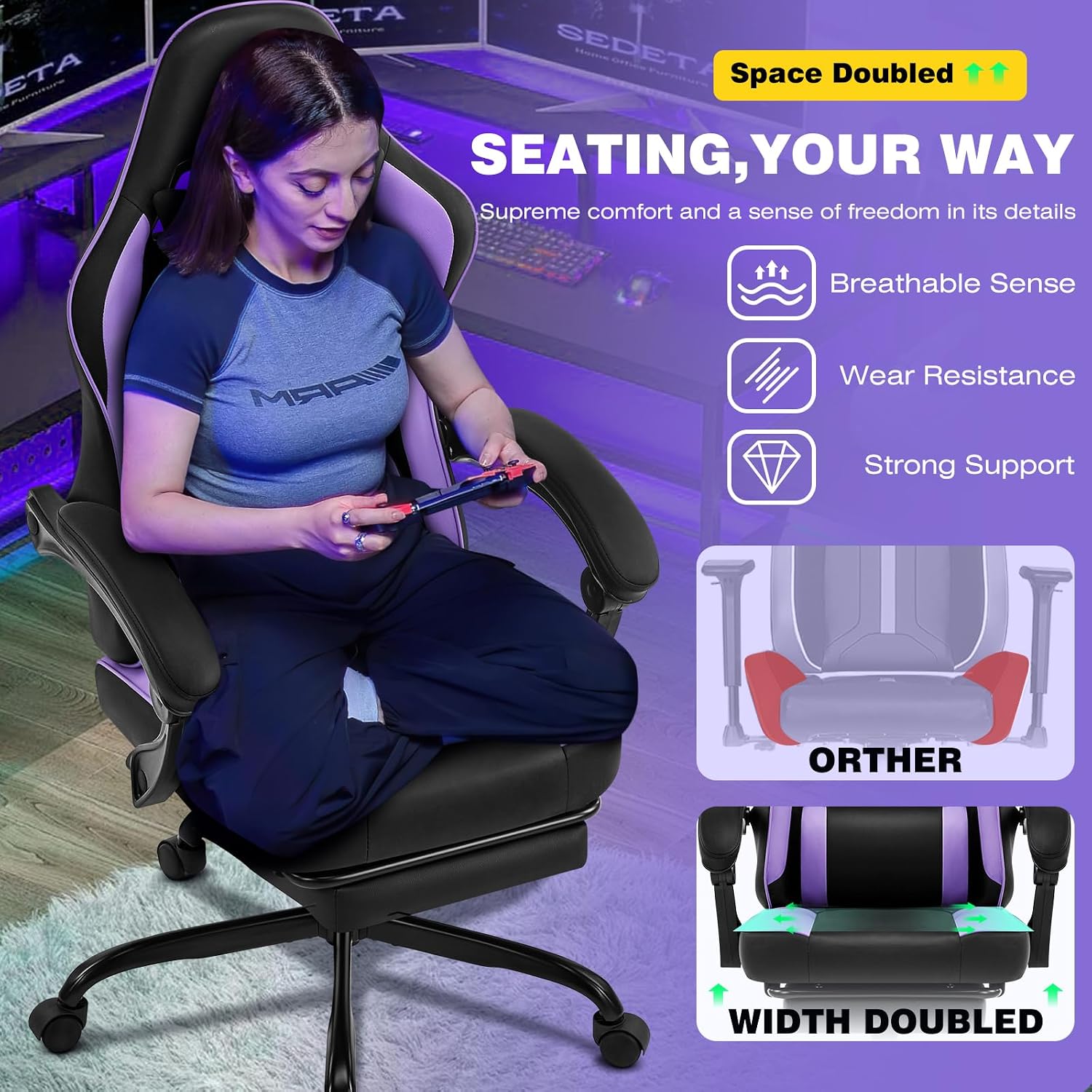Gaming Chair, Purple Gaming Chairs for Adults Teens, High-Back Ergonomic Computer Chair with Extended Footrest, Removable Headrest & Lumbar Support, Wide PU Leather Reclining Desk Chair
