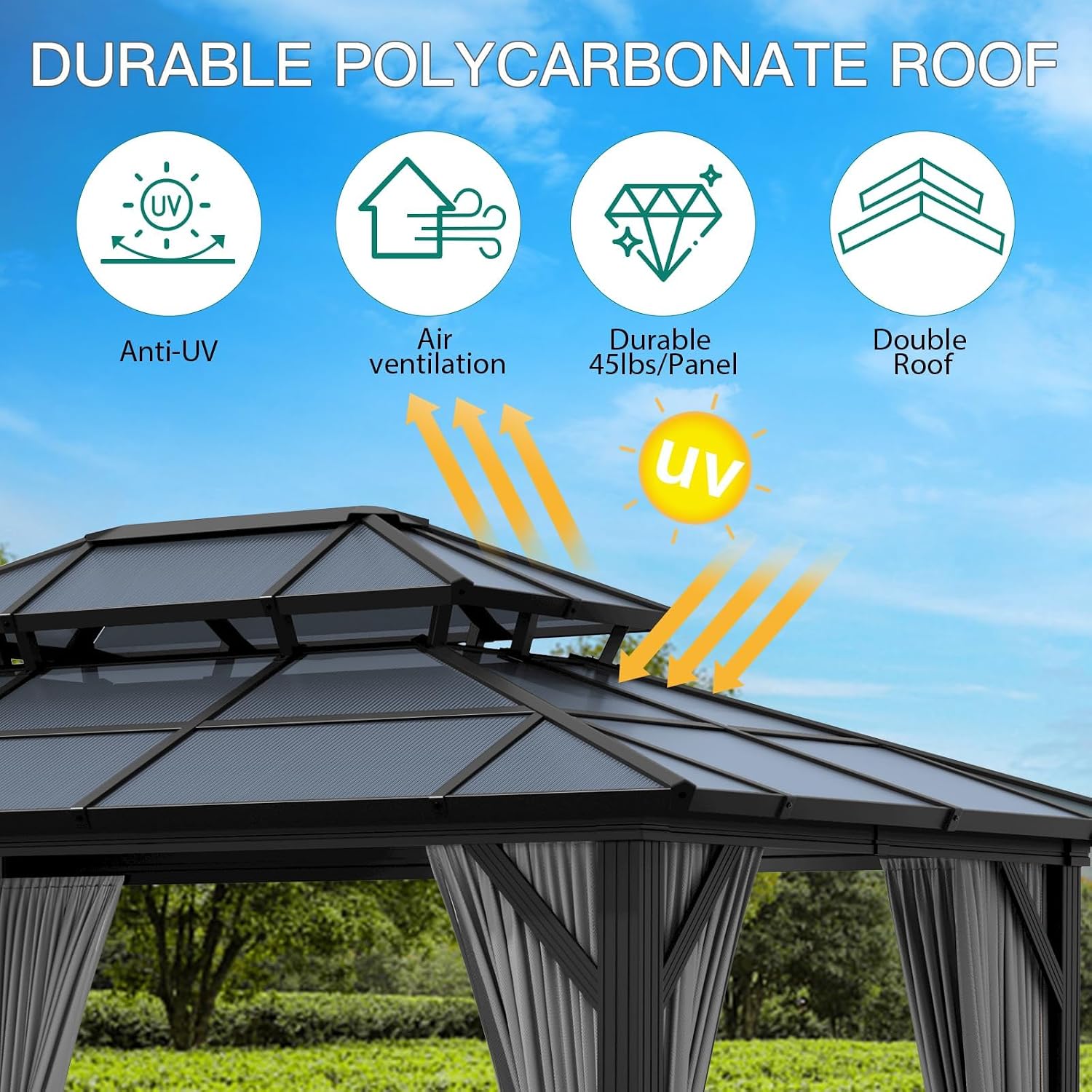 OUTLANE 10'x12' Gazebo, Hardtop Gazebo with Polycarbonate Double Roof, Aluminum Frame Pavilion, Weatherproof UV Protection for Outdoor, Garden, Patio, Lawn