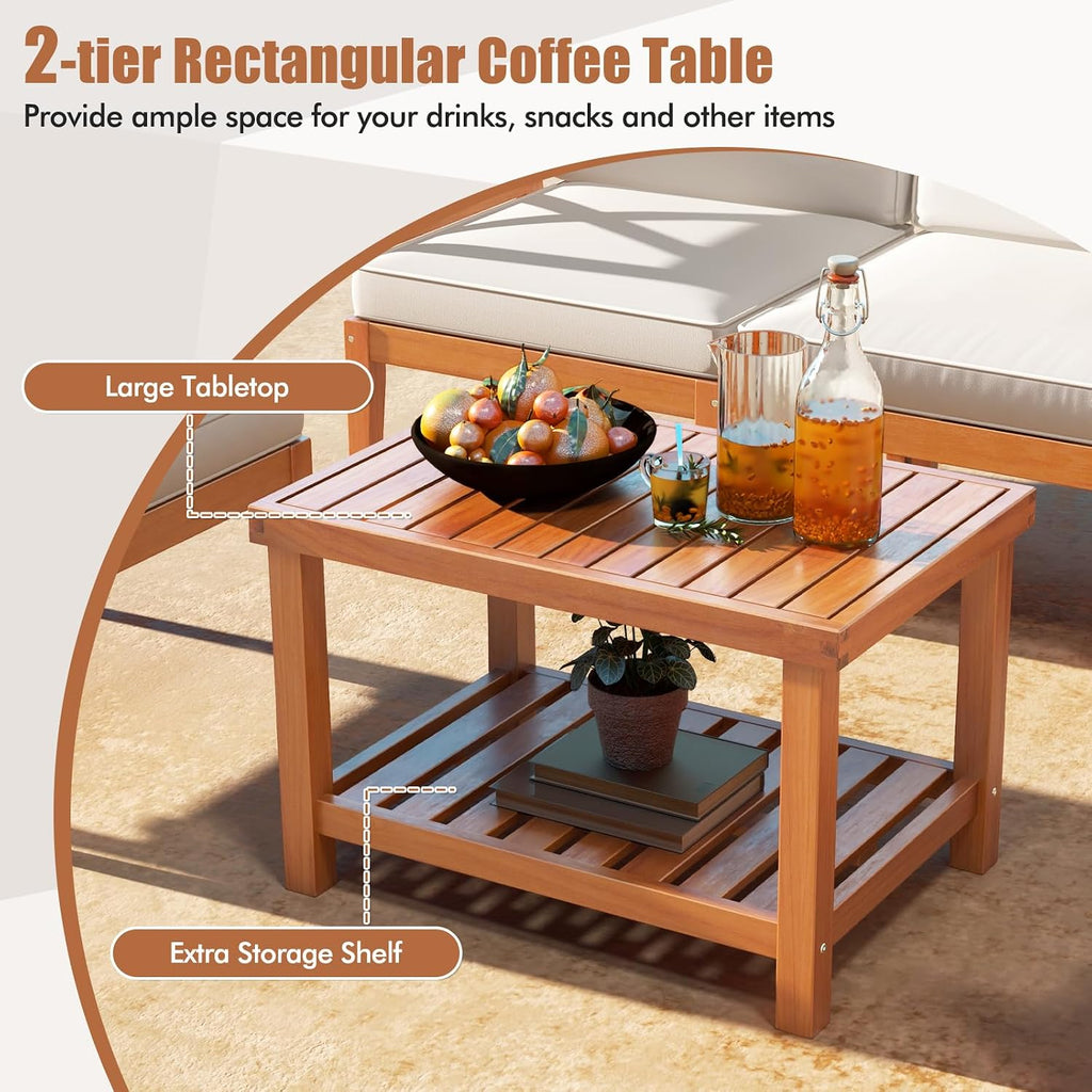 Tangkula 6 Pieces Acacia Wood Patio Furniture Set, Outdoor Sectional Conversation Set with Cushions and 2-Tier Coffee Table, L Shaped Corner Sofa Set for Garden, Porch, Poolside and Backyard