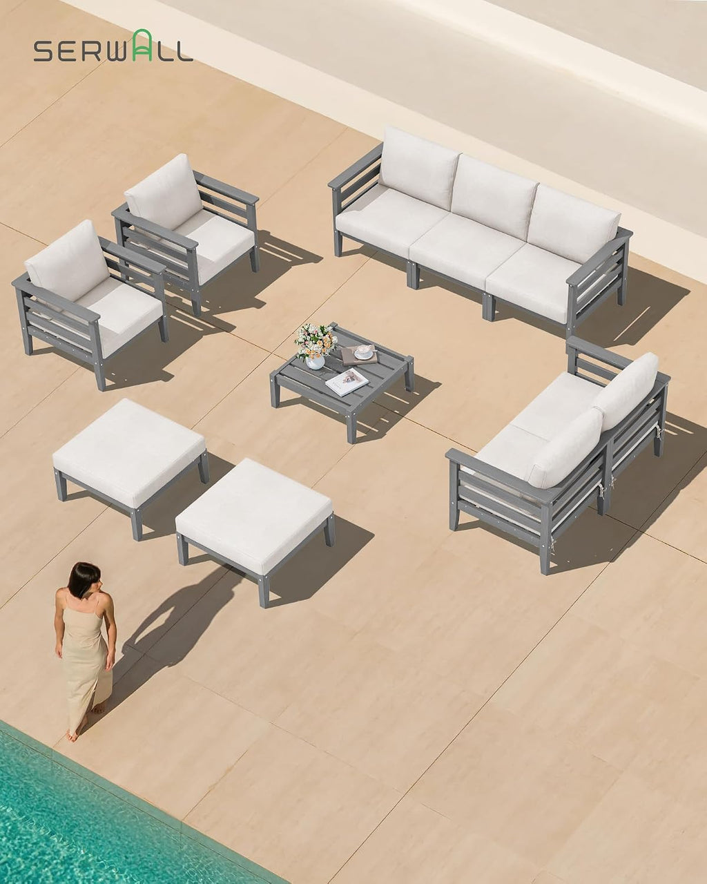 SERWALL HDPE Patio Furniture Set, 2 Pieces Outdoor Sectional Sofa Set, All-Weather Wood-Like Outdoor Sofa Couch with Coffee Table for Deck, Lawn, Grey Frame with Khaki Cushion