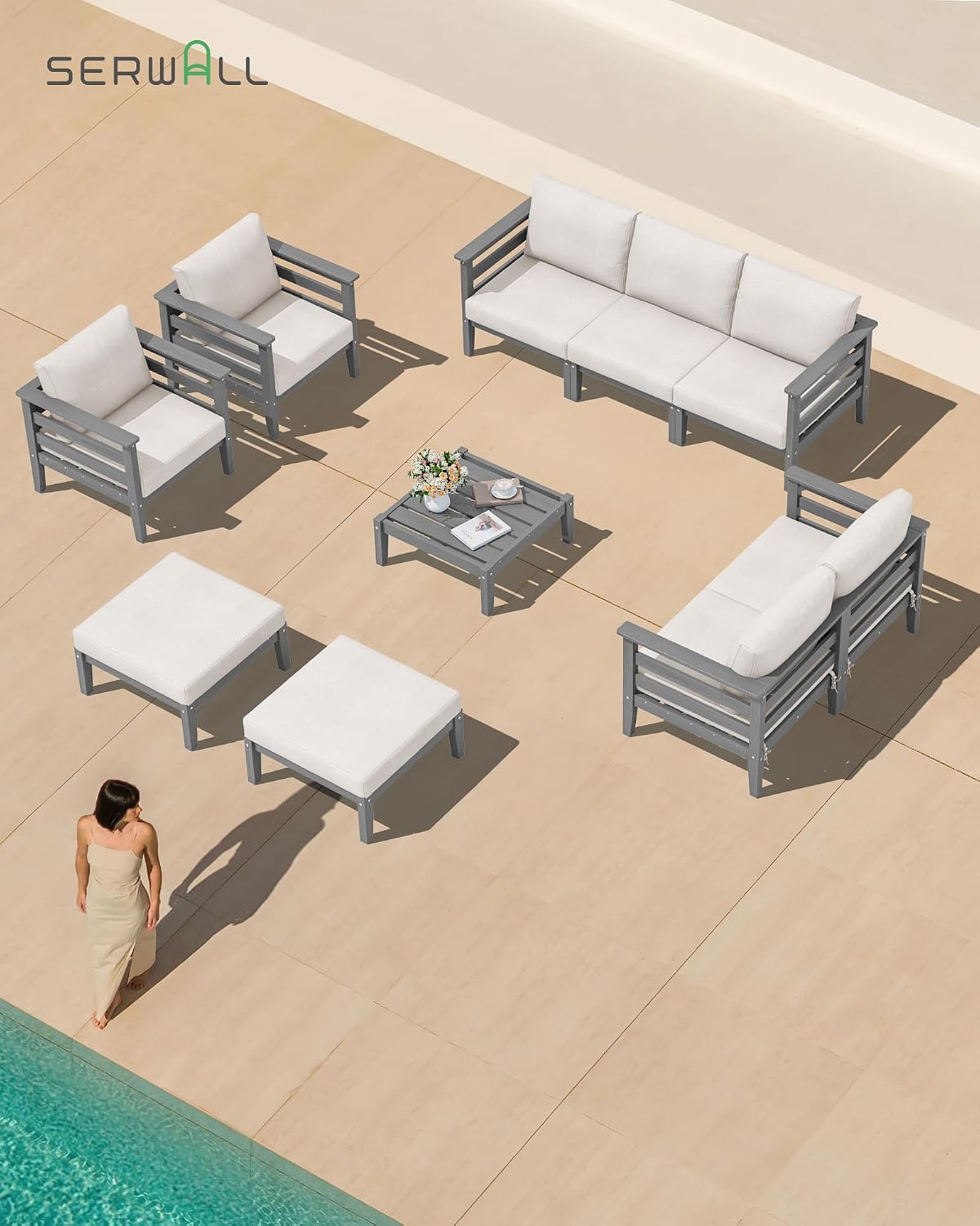 SERWALL HDPE Patio Furniture Set, 2 Pieces Outdoor Sectional Sofa Set, All-Weather Wood-Like Outdoor Sofa Couch with Coffee Table for Deck, Lawn, Grey Frame with Khaki Cushion