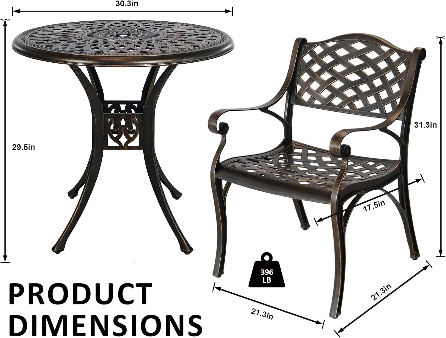 30.31' Outdoor Table and Chairs, Patio Table Set with 2.36' Umbrella Hole, Anti-Resistant Outdoor Dinning Set, Cast Aluminum Patio Furniture Set for Garden, Porch, Deck