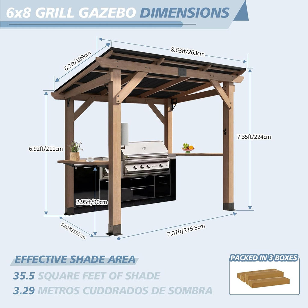 CHARMELEON Grill Gazebo 6 x 8 FT,Cedar Wood BBQ Gazebo with Thick Wooden Side Serving Shelves&Paper Holder& Bottle Opener,Patio Pavilion with Galvanized Steel Roof for Outdoor,Backyard,Garden,Deck