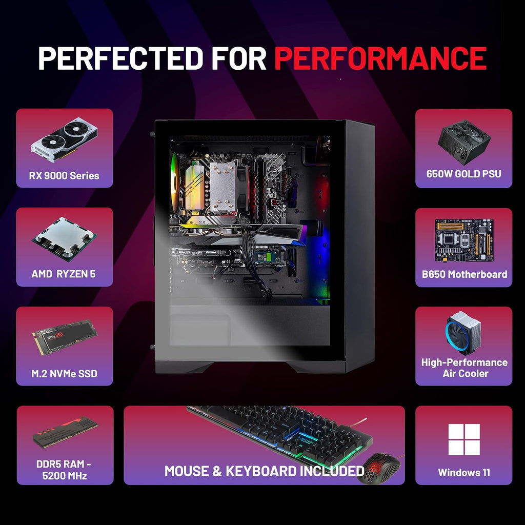 Skytech Gaming Nebula Gaming PC, AMD Ryzen 5 8400F 4.2GHz, AMD RX 9060 8GB VRAM, 1TB NVMe SSD, 32GB DDR5 RAM 5200, 650W Gold PSU, WI-FI 5, Windows 11, Desktop