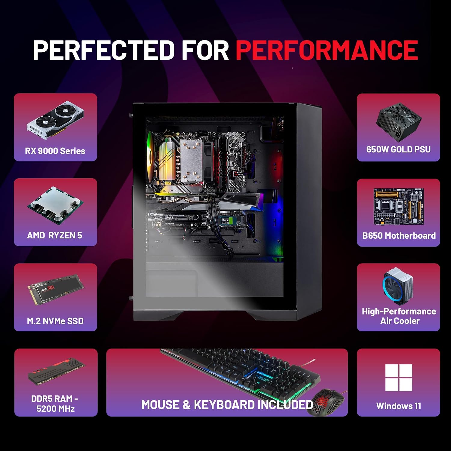 Skytech Gaming Nebula Gaming PC, AMD Ryzen 5 8400F 4.2GHz, AMD RX 9060 8GB VRAM, 1TB NVMe SSD, 32GB DDR5 RAM 5200, 650W Gold PSU, WI-FI 5, Windows 11, Desktop
