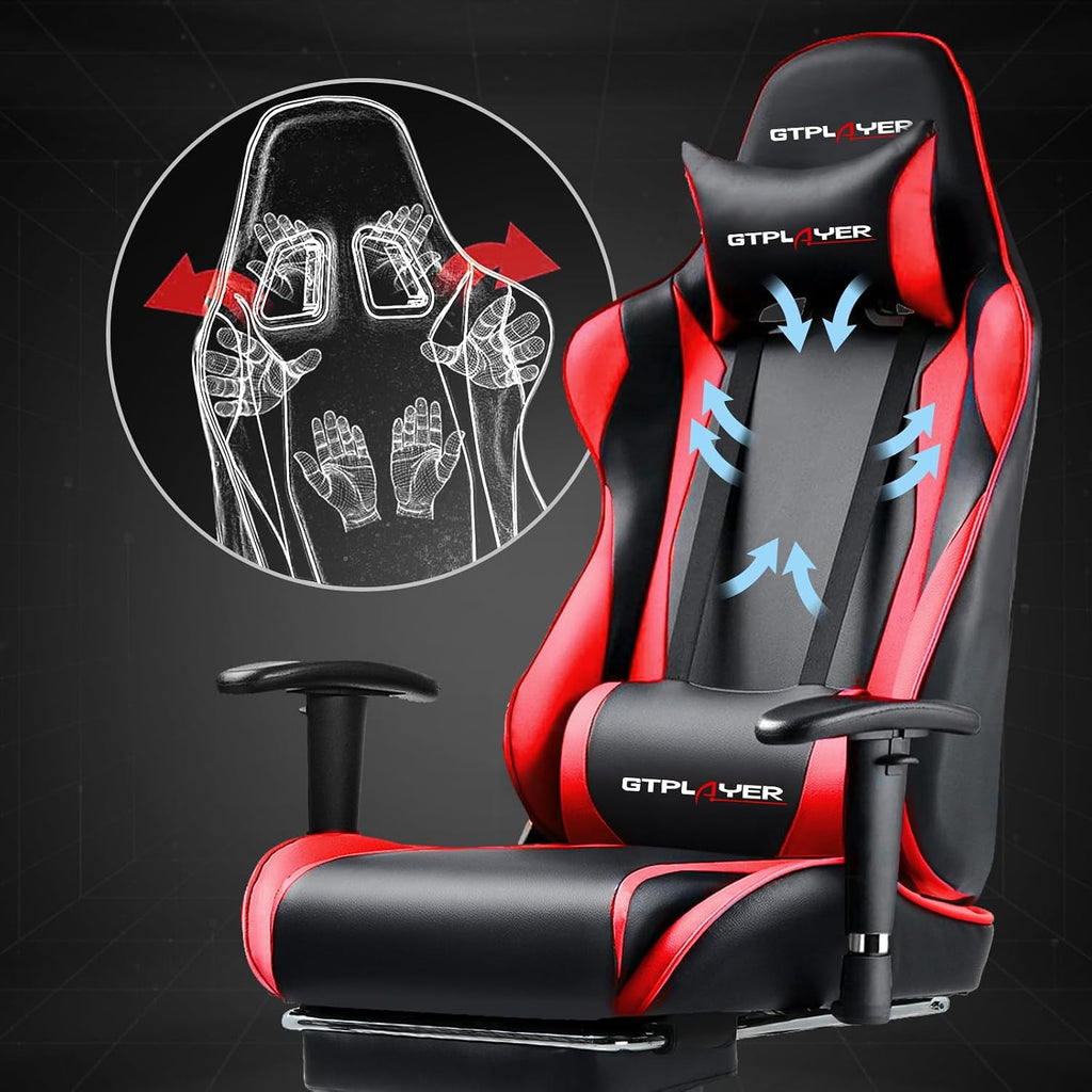 GTPLAYER Gaming Chair with Footrest, Ergonomic Computer Game Desk Chair, Recline Gaming Chair Seat Height Adjustment, Swivel Rocker with Headrest and Lumbar (RED)