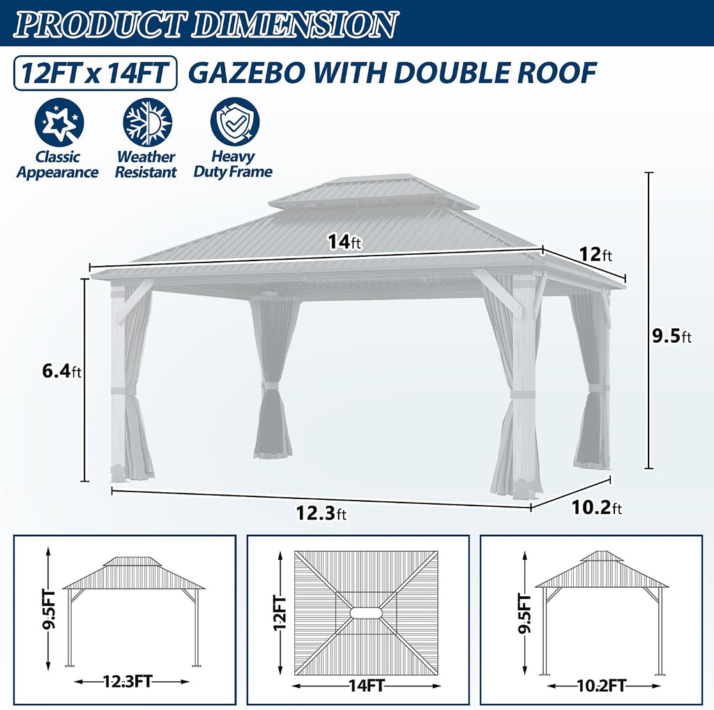 COVERONICS 12'x16' Outdoor Wood Gazebo - Hardtop Wooden Gazebo with Galvanized Steel Roof, Heavy-Duty Pavilion with Netting & Curtains for Garden, Poolside, Deck, Backyard