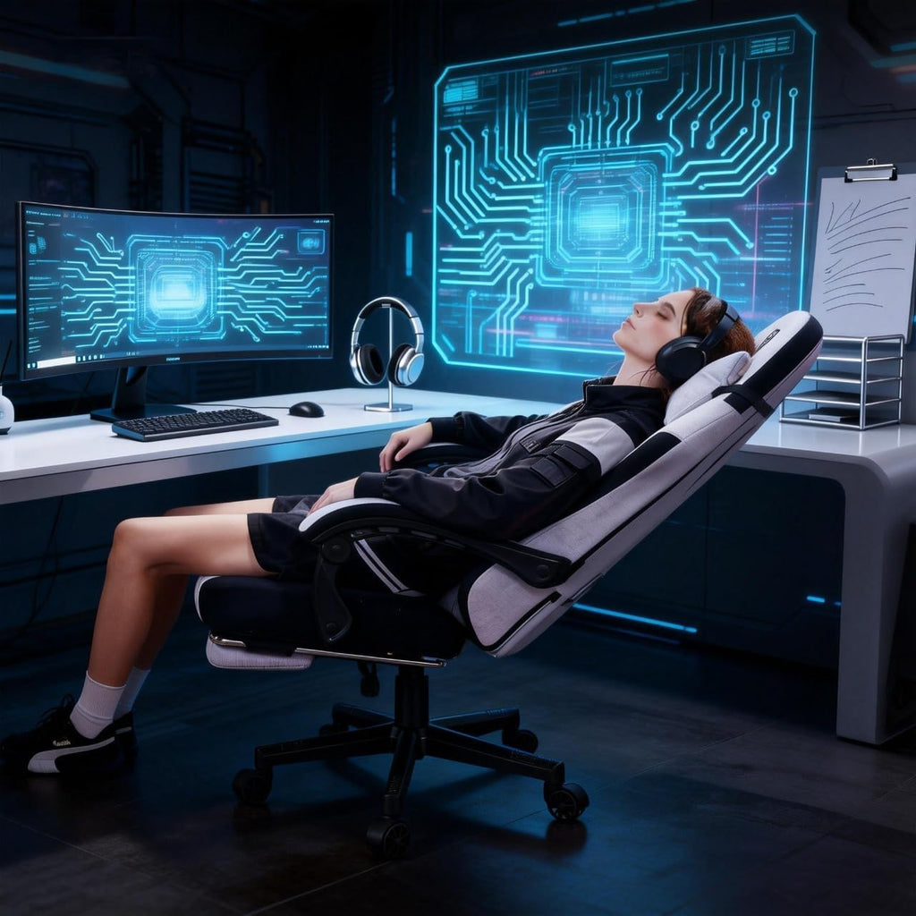 Dowinx Gaming Chair Fabric with Coil Spring Cushion, Ergonomic Game Chair for Adults with Footrest and Massage Lumbar Support, Cloth Computer Office Chair 350LBS, Black Grey