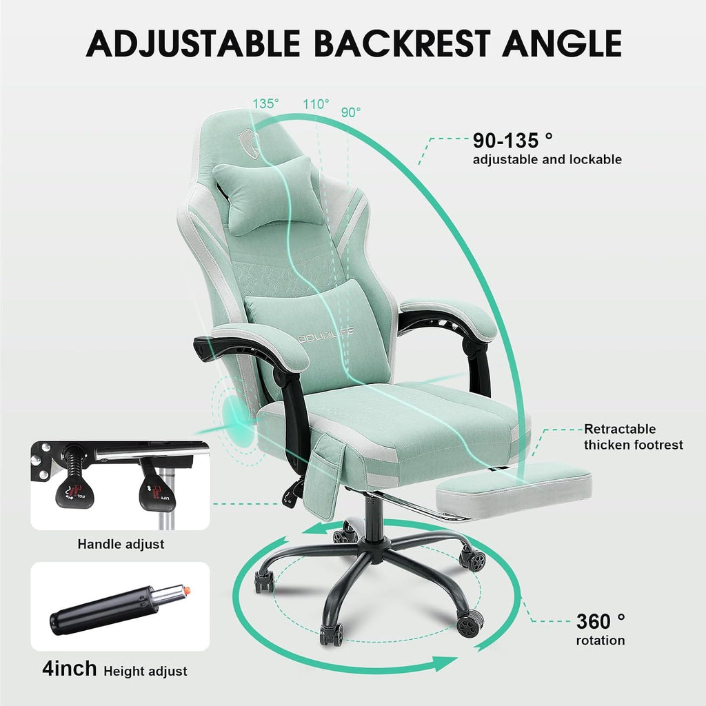 Gaming Chair, Tech Fabric Computer Chair with Massage, Office Chair with Pocket Spring Widened Cushion, High Back Ergonomic Chair with Footrest Lumbar Support Upgraded Metal Legs 350LBS (Green)