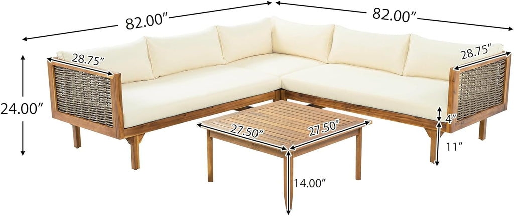 Christopher Knight Home Tenntt 5-Seater Acacia Wood Patio Furniture Set, Outdoor Conversation Sofa Chat Set with Coffee Table, Wicker Arm, Sectional Seating Group for Backyard Balcony, Teak+Beige