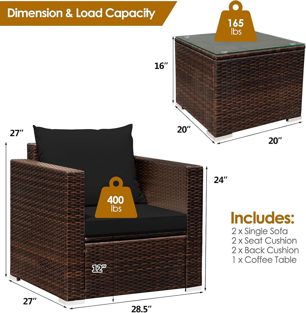 COSTWAY 3-Piece Patio Furniture Set, Outdoor Wicker Rattan Sofa with Cushions and Coffee Table with Tempered Glass, Modern Conversation Chair Set for Poolside Backyard Balcony Lawn (Black)
