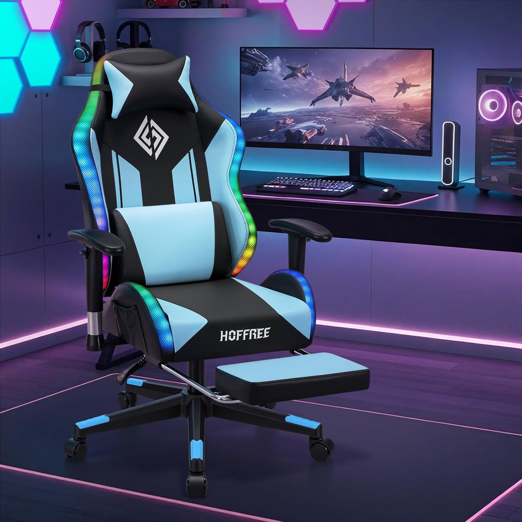 HOFFREE RGB LED Gaming Chair for Kids Reclining Gaming Chairs for Teens 8-15 Computer Chair with RGB Lights Kids PC Game Chair with Footrest and Lumbar Support Video Game Chairs Blue and Black