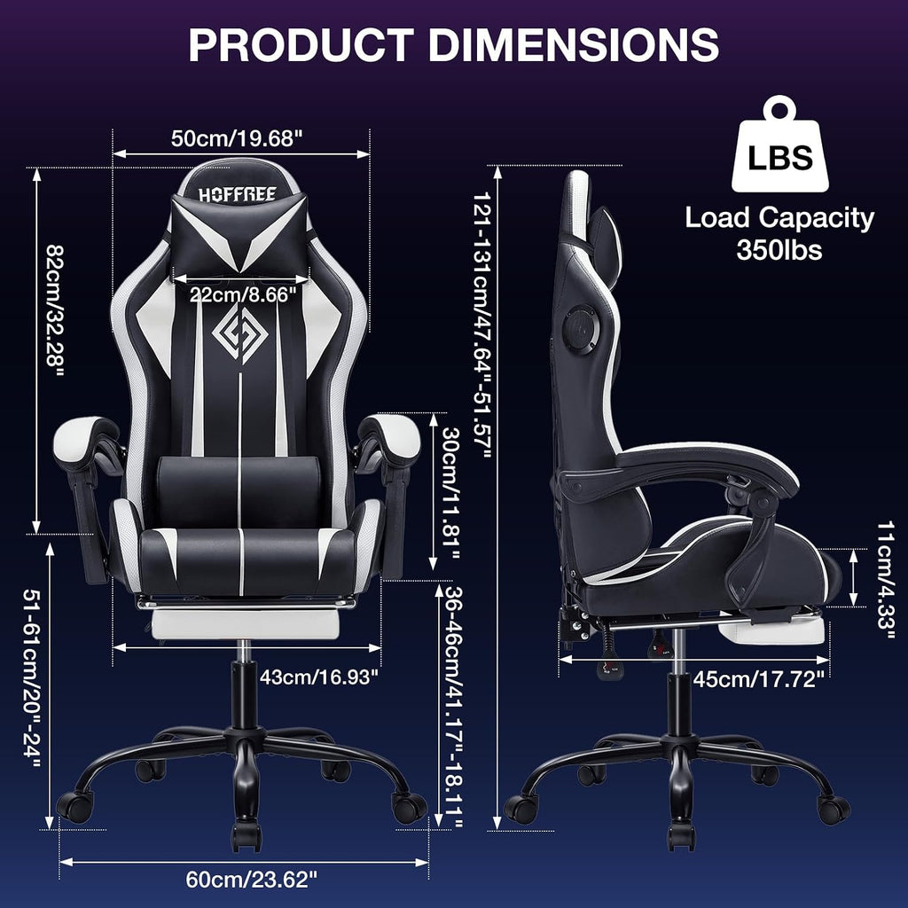 HOFFREE RGB Gaming Chair with Speakers Massage Computer Gaming Chair with LED Lights and Footrest High Back Video Game Chair for Adults White and Black