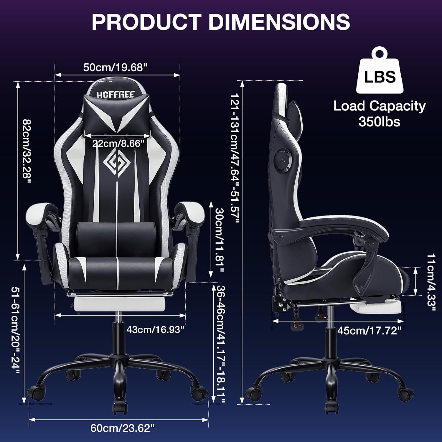 HOFFREE RGB Gaming Chair with Speakers Massage Computer Gaming Chair with LED Lights and Footrest High Back Video Game Chair for Adults White and Black
