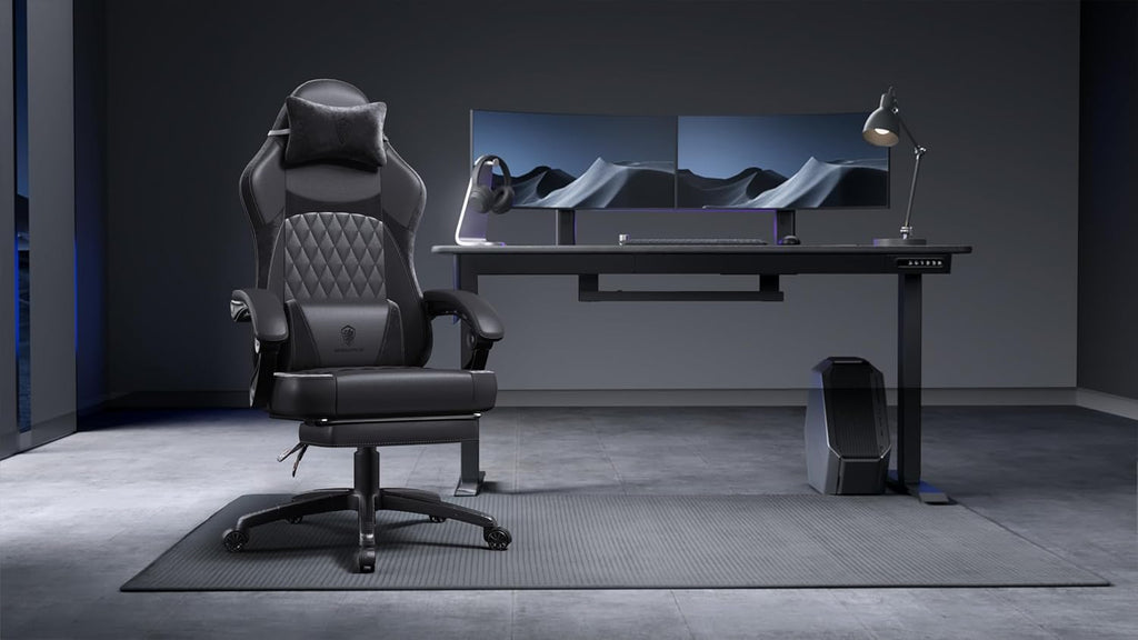 Dowinx Gaming Chair with Pocket Spring Cushion, Ergonomic Computer Chair with Massage Lumbar and Footrest for Adults, High Back Game Chair Leather for Office Gaming 300LBS, All White (Black)