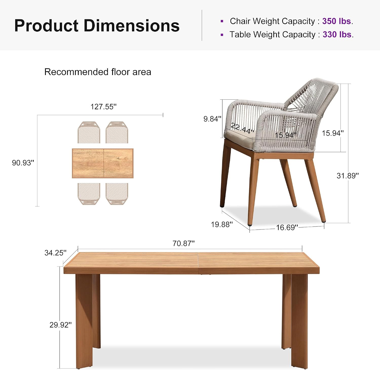 PURPLE LEAF 5 Pieces Patio Dining Set Aluminum Rectangular Table and Rattan Arm Chairs with Cushions for Kitchen Porch Garden Modern Outdoor Furniture Sets