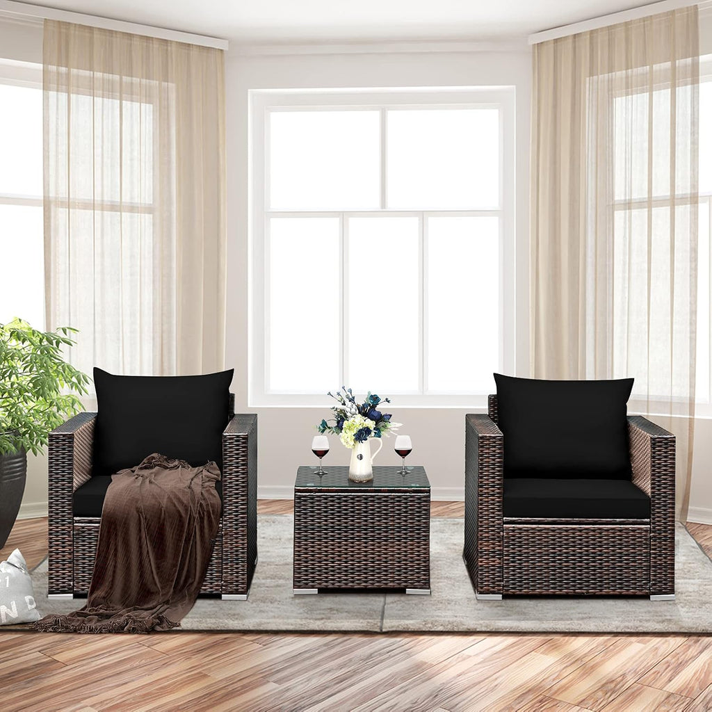 Tangkula 3 Pieces Patio Furniture Set, Outdoor Conversation Rattan Furniture Set w/Washable Cushion and Tempered Glass Tabletop, PE Rattan Wicker Sofa Set for Garden Poolside Balcony