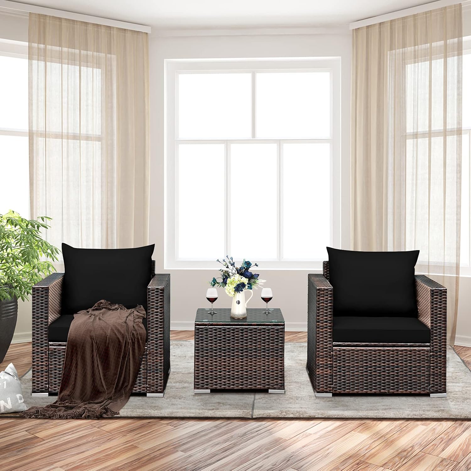 Tangkula 3 Pieces Patio Furniture Set, Outdoor Conversation Rattan Furniture Set w/Washable Cushion and Tempered Glass Tabletop, PE Rattan Wicker Sofa Set for Garden Poolside Balcony